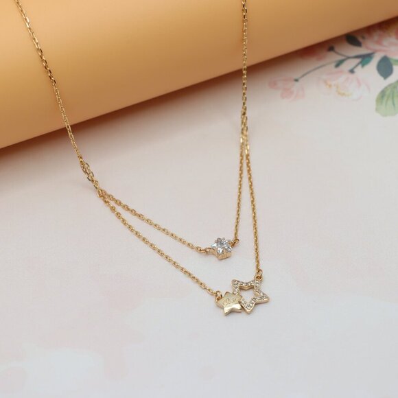 "Double-Layered Rose Gold Necklace with Sparkling Star Charms, XPNL0152 - Picture 9 of 14
